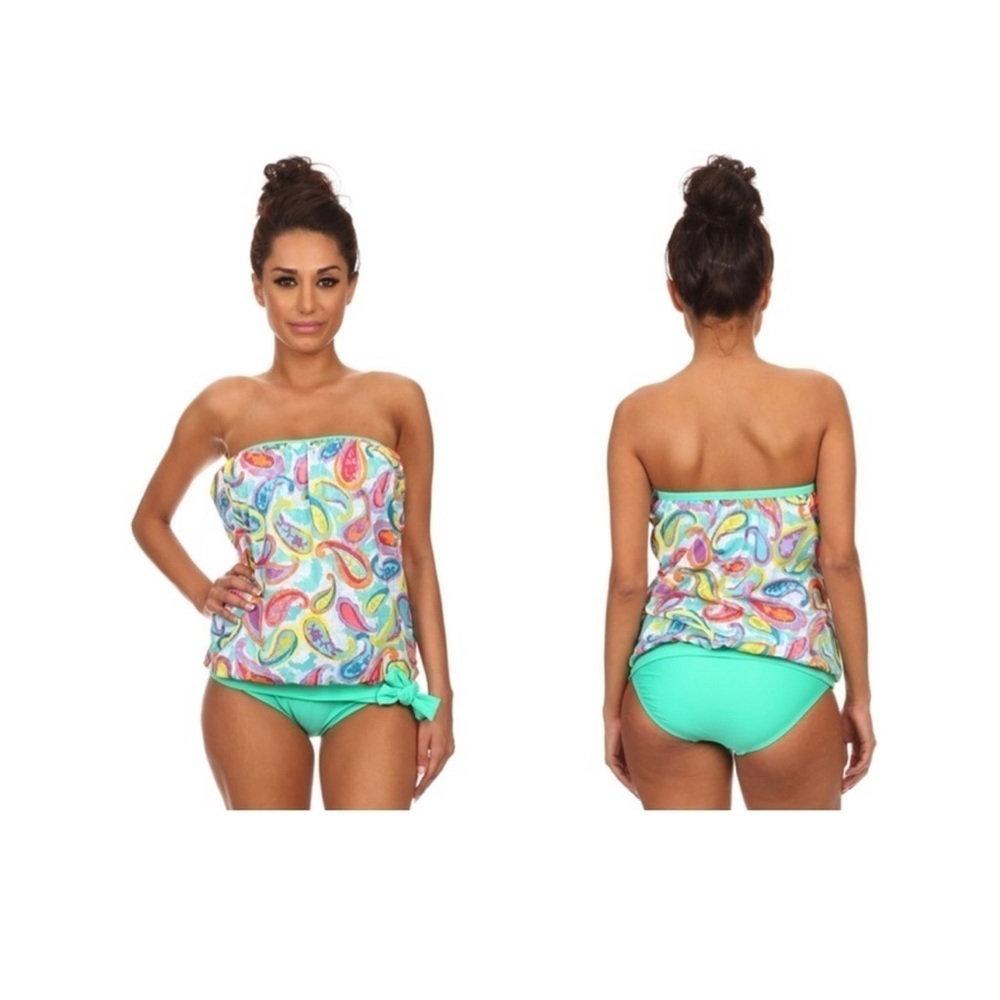 Dippin Daisy Teal Multicolor Paisley Tankini Bandeau & High Waist Bottoms Size 8 - Picture 4 of 10